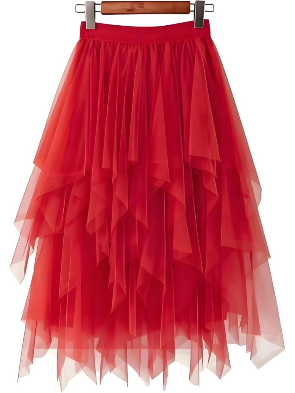 Women's Red High Waist Layered Tulle Mesh Ruffle Asymmetric Hem Midi Skirt